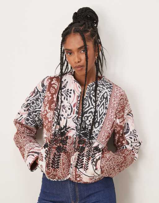 Threadbare Embroidered quilted jacket in terracotta