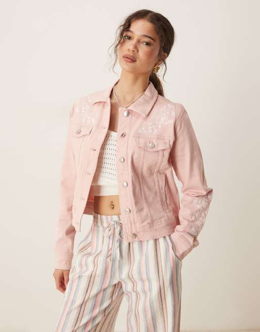 Threadbare Embroidered stretch denim jacket in pink