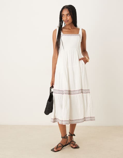 Threadbare Embroidered tiered maxi dress in cream - view 1