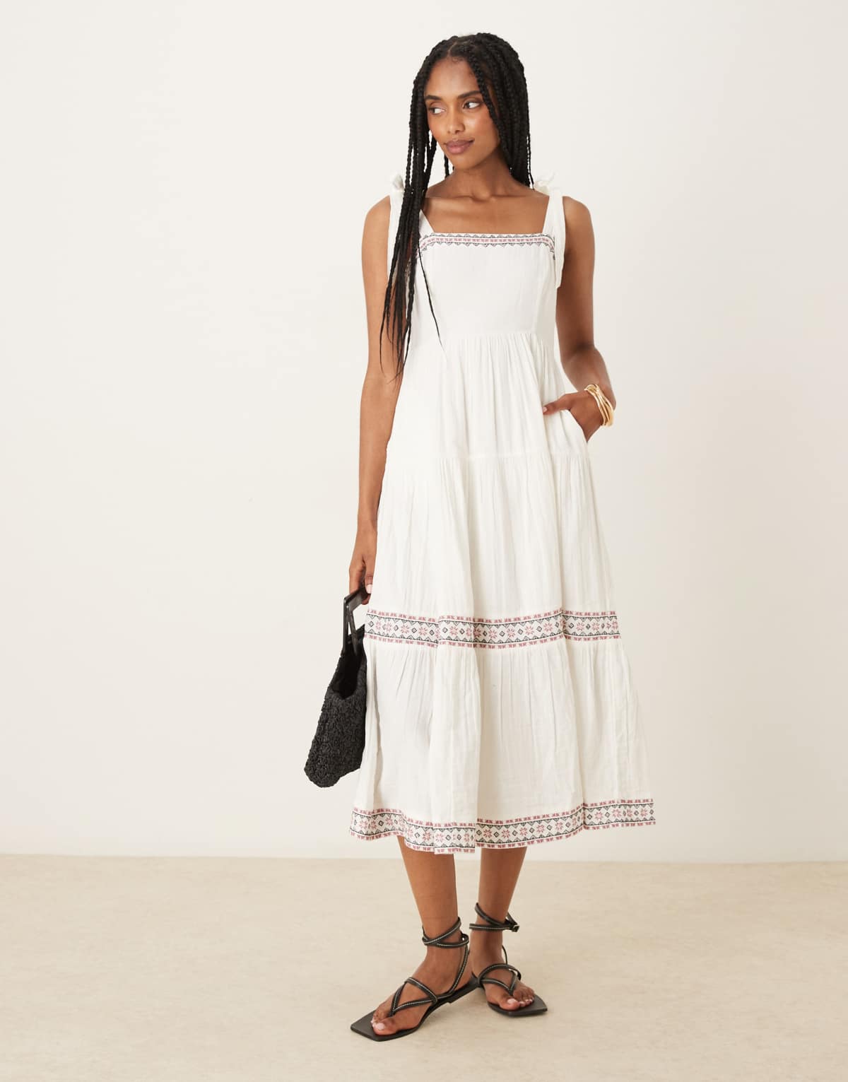 Threadbare Embroidered tiered maxi dress in cream