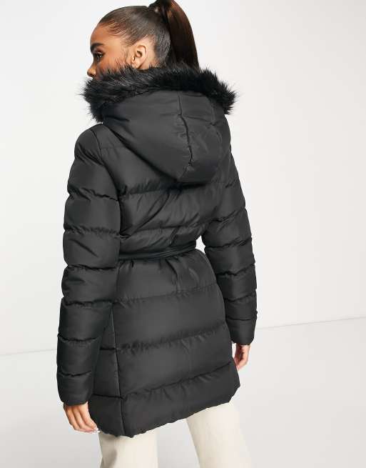 Threadbare Emerald belted puffer jacket with faux fur trim hood in