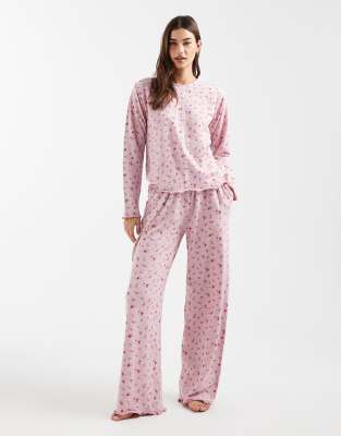 Ensemble de pyjama manches longues en coton mélangé avec imprimé à petites fleurs - Rose 36