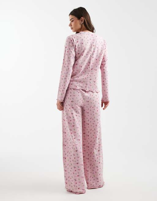 Threadbare - Ensemble de pyjama manches longues en coton mélangé avec imprimé à petites fleurs - Rose, 3 de 4