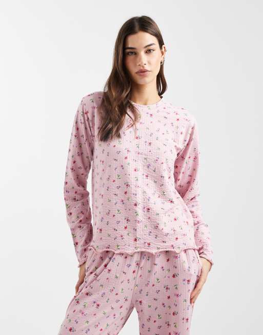 Threadbare - Ensemble de pyjama manches longues en coton mélangé avec imprimé à petites fleurs - Rose, 4 de 4