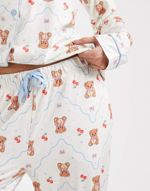Threadbare - Ensemble de pyjama ultra doux avec boutons à l'avant et imprimé oursons - Écru/bleu, 3 de 4