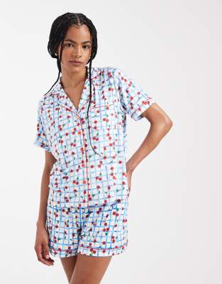 Ensemble de pyjama ultra-doux boutonné à imprimé cerises avec short - Vichy bleu 38