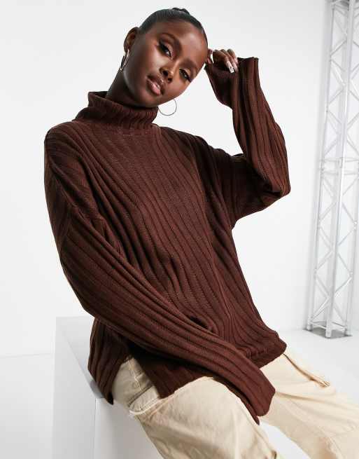 Threadbare Etta chunky roll neck jumper in chocolate brown ASOS