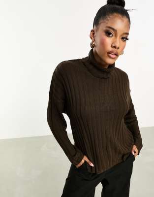 Threadbare Etta Chunky Roll Neck Jumper In Chocolate Brown
