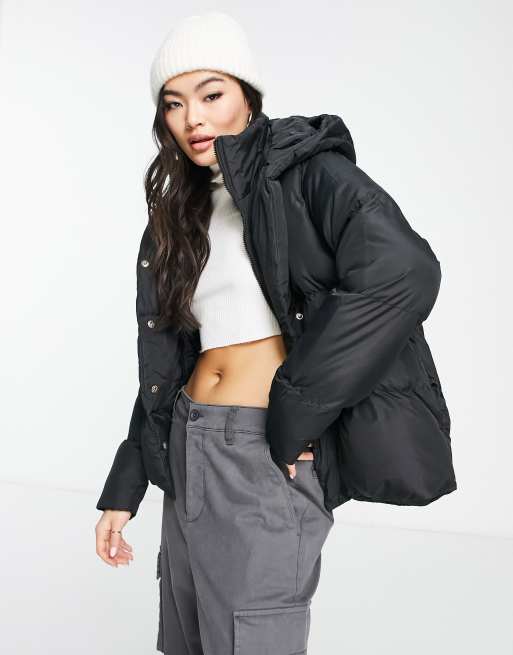 Threadbare Evri puffer jacket with funnel neck in black | ASOS