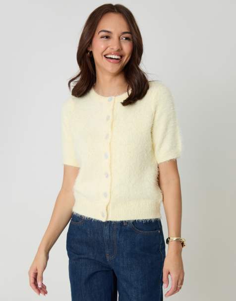 Threadbare Eyelash knit short sleeve cardigan in yellow - view 1