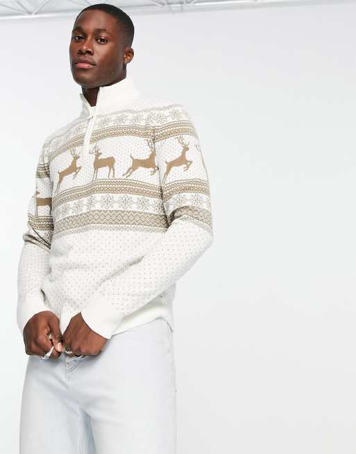 Threadbare fair isle 1 4 zip Christmas jumper in ecru