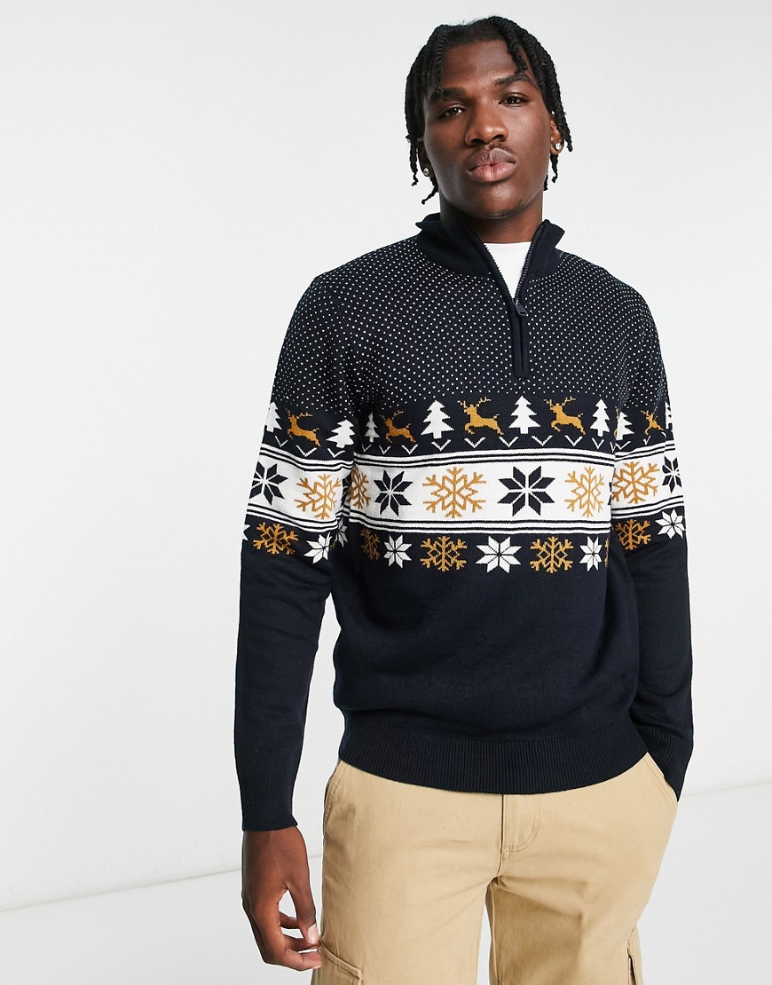 Threadbare Tall Fairisle 1/4 Zip Christmas Sweater In Navy