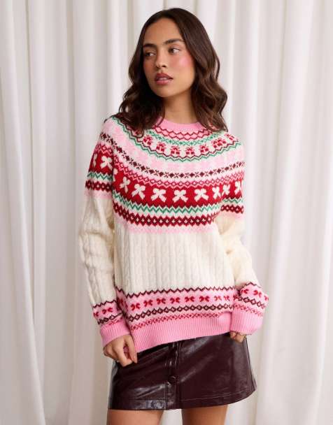 Threadbare Fairisle cable knit christmas jumper in pink - view 1