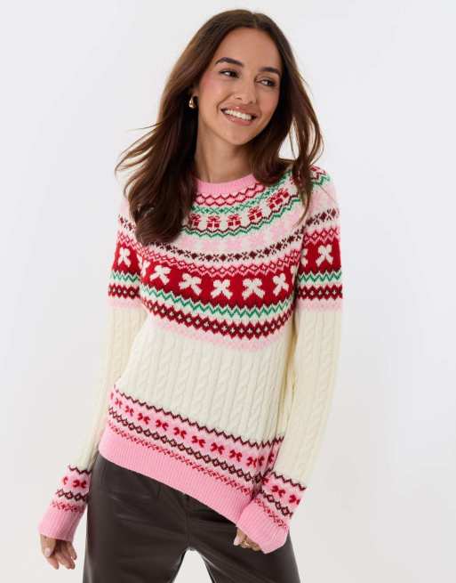 Threadbare Fairisle cable knit christmas jumper in pink, 2 of 5