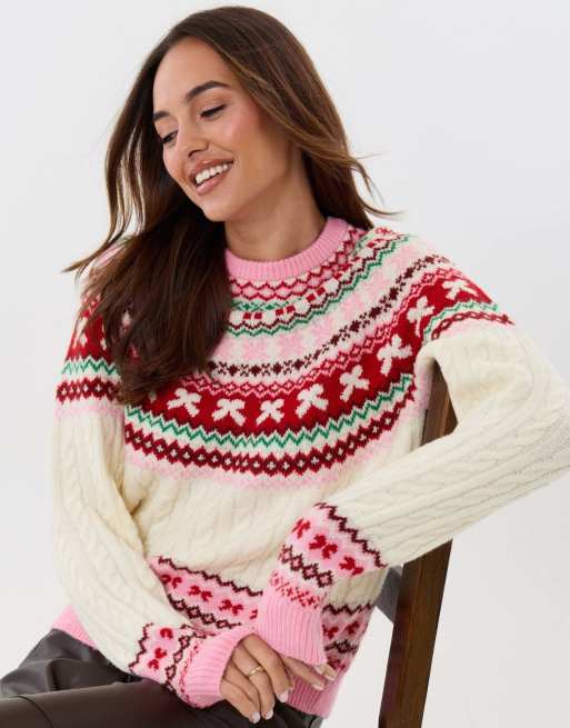 Threadbare Fairisle cable knit christmas jumper in pink, 5 of 5