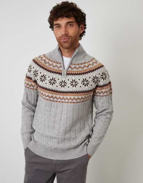 Threadbare Fairisle cable knit quarter zip jumper in grey - view 1