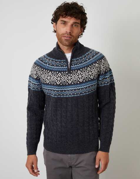 Threadbare Fairisle cable knit quarter zip jumper in navy - view 1