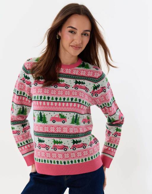 Threadbare Fairisle driving home for christmas jumper in pink, 2 of 5