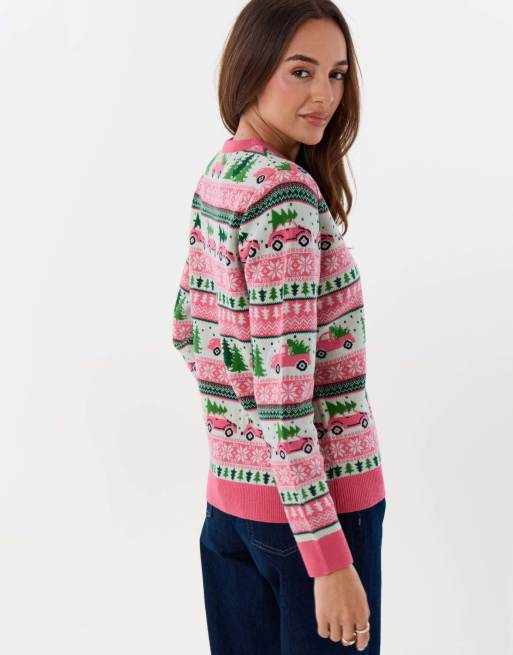 Threadbare Fairisle driving home for christmas jumper in pink, 3 of 5