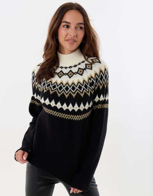 Threadbare Fairisle funnel neck christmas jumper in black, 2 of 4
