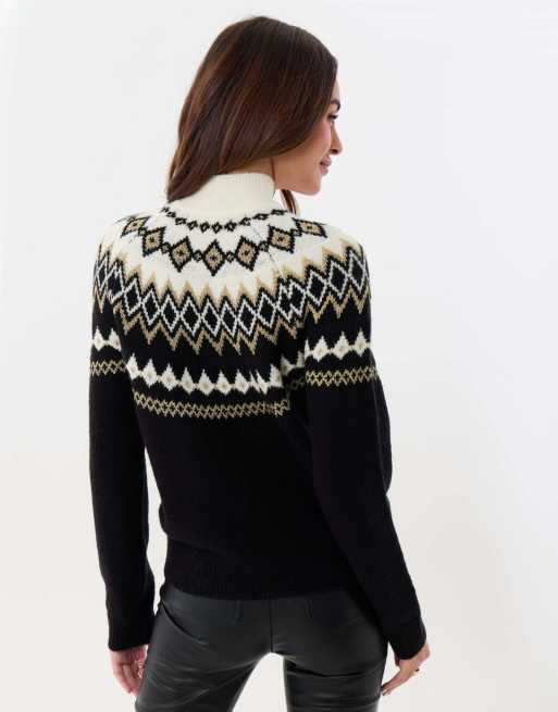 Threadbare Fairisle funnel neck christmas jumper in black, 3 of 4