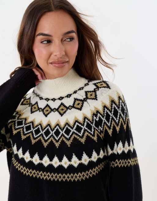 Threadbare Fairisle funnel neck christmas jumper in black, 4 of 4