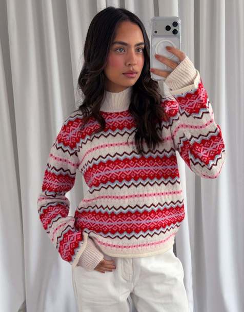 Threadbare Fairisle funnel neck christmas jumper in red - view 1