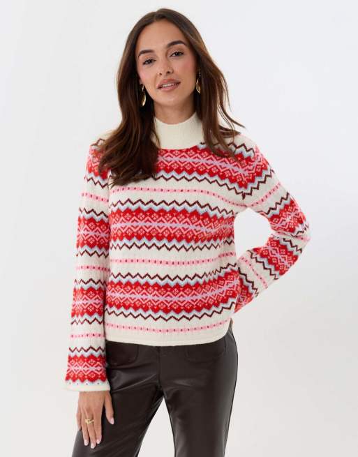 Threadbare Fairisle funnel neck christmas jumper in red, 2 of 5