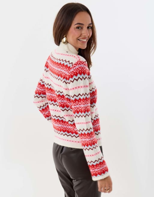 Threadbare Fairisle funnel neck christmas jumper in red, 3 of 5
