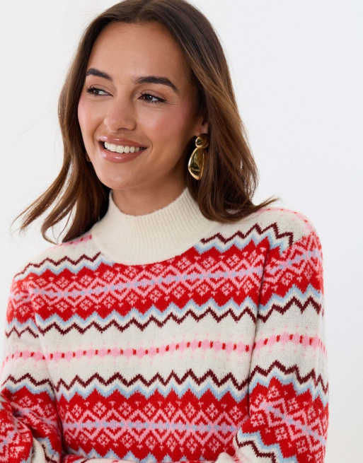 Threadbare Fairisle funnel neck christmas jumper in red, 4 of 5