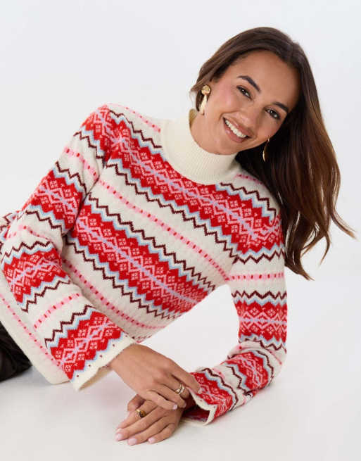 Threadbare Fairisle funnel neck christmas jumper in red, 5 of 5
