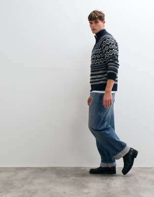 Threadbare Fairisle Knitted 1/4 Zip Sweater In Navy