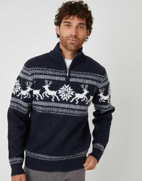 Threadbare Fairisle knitted quarter zip christmas jumper in navy - view 1