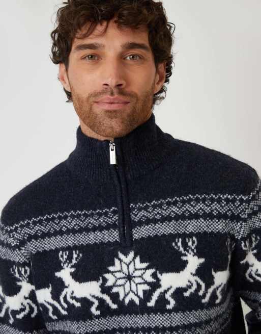 Threadbare Fairisle knitted quarter zip christmas jumper in navy, 5 of 5