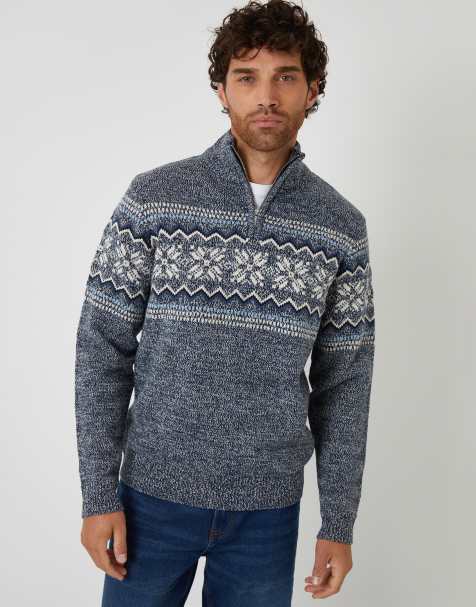 Threadbare Fairisle knitted quarter zip jumper in navy - view 1