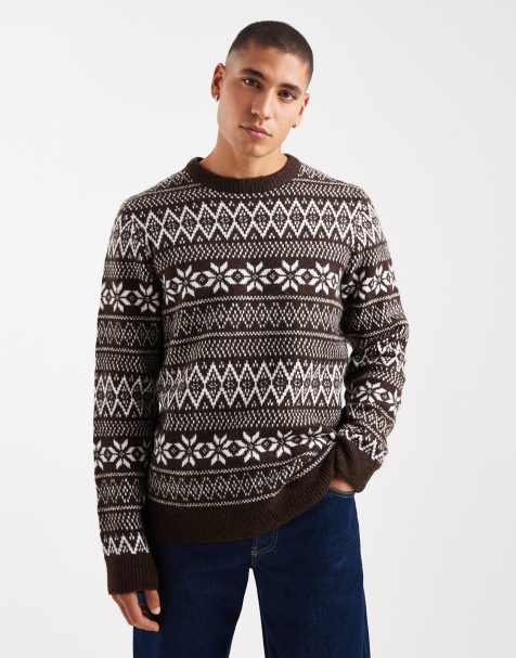 Threadbare fairisle print crew neck jumper in chocolate brown - view 1