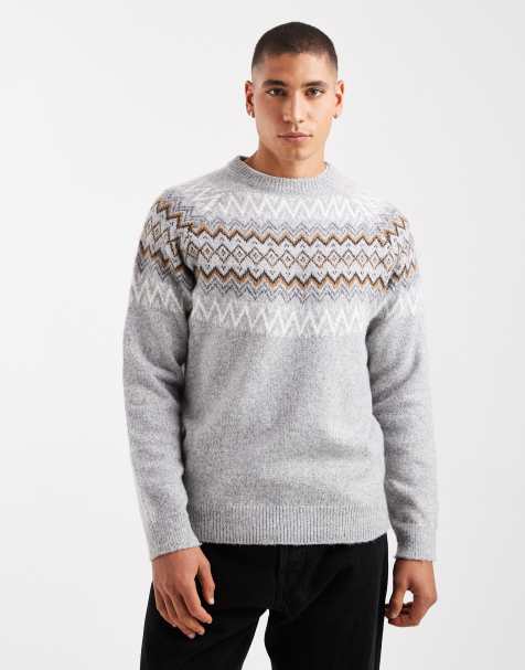 Threadbare fairisle print crew neck jumper in light grey - view 1