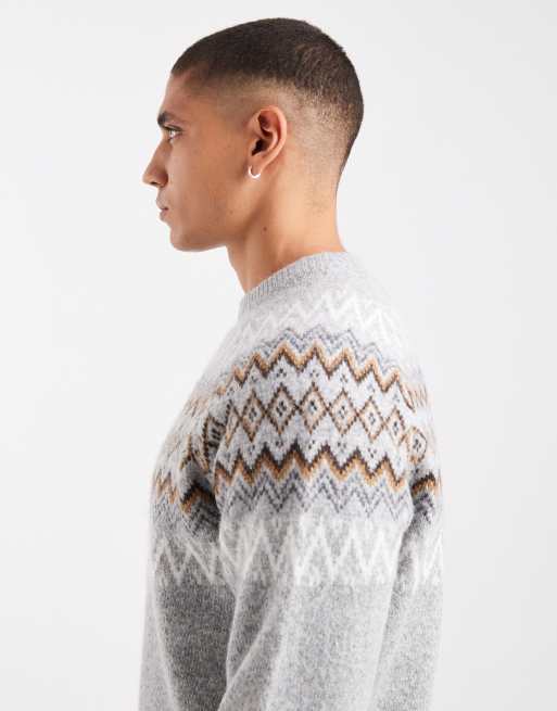 Threadbare fairisle print crew neck jumper in light grey, 4 of 5