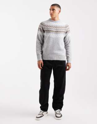 Threadbare Fairisle Print Crew Neck Sweater In Gray