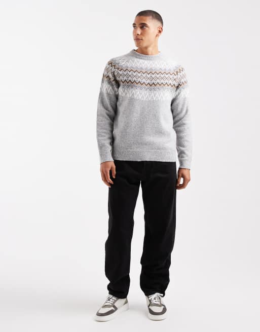 Threadbare Fairisle print crew neck sweater in light gray