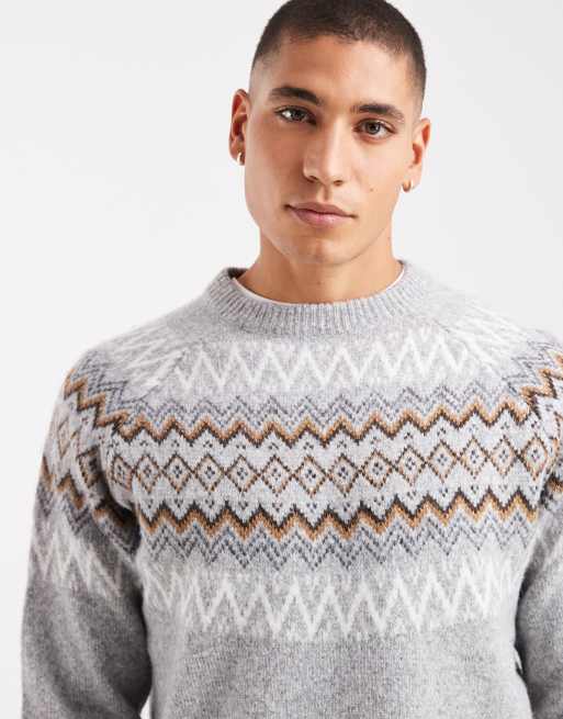 Threadbare Fairisle print crew neck sweater in light gray