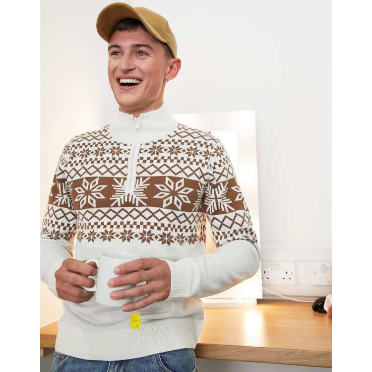 Threadbare fairisle quarter zip christmas jumper in ecru ASOS