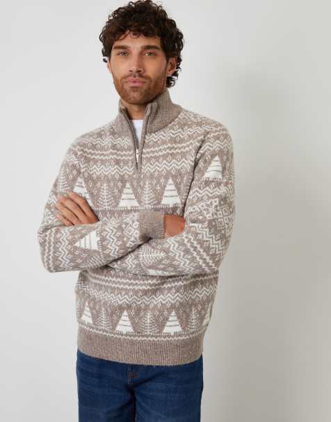 Threadbare Fairisle quarter zip jumper in taupe - view 1