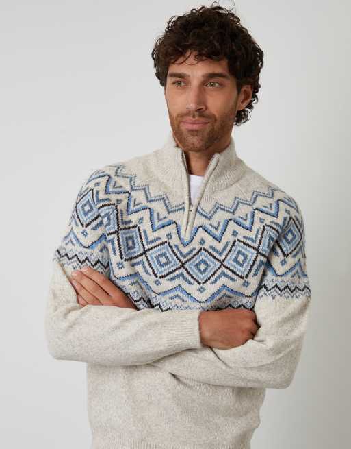Threadbare Fairisle quarter zip knitted jumper in natural