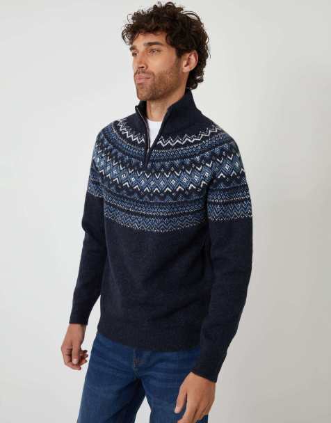 Threadbare Fairisle quarter zip knitted jumper with wool in navy - view 1