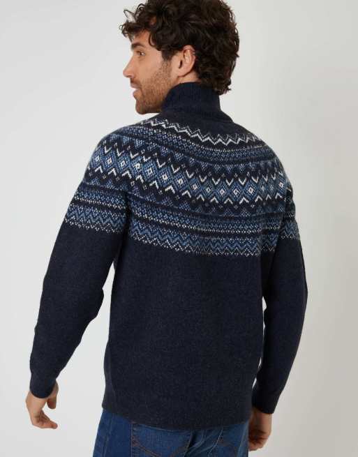Threadbare Fairisle quarter zip knitted jumper with wool in navy, 2 of 4