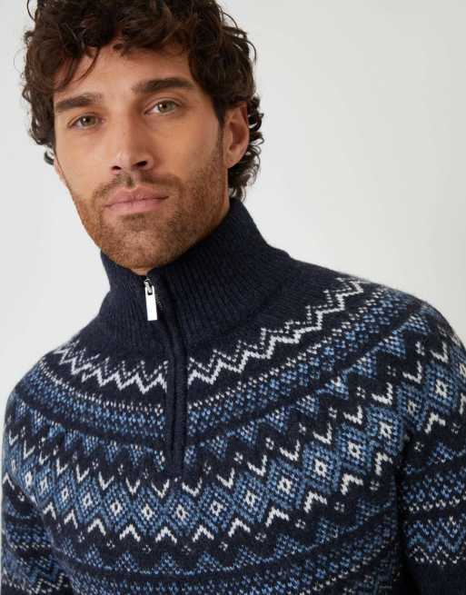 Threadbare Fairisle quarter zip knitted jumper with wool in navy, 3 of 4