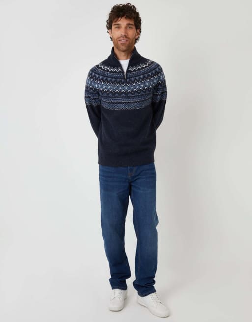 Threadbare Fairisle quarter zip knitted jumper with wool in navy, 4 of 4