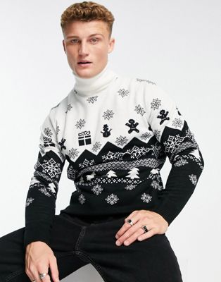 Threadbare fairisle roll neck Christmas jumper in black & ecru