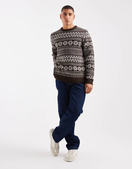 Threadbare - Fairisle trui met ronde hals in chocoladebruin, 2 van 5